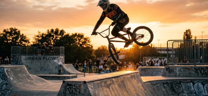 Professional BMX rider executing a high-flying tailwhip trick at a skatepark.