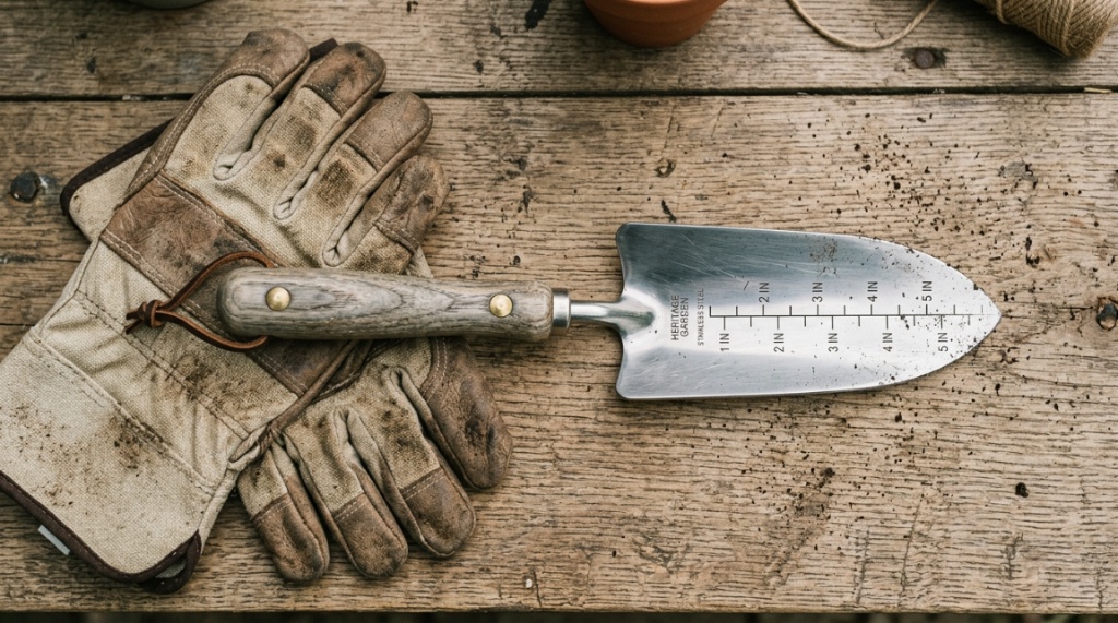 Stainless steel gardening transplanter with depth markings next to gardening gloves.