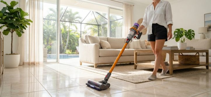 Modern stick vacuum cleaning tile flooring in a sunny Florida living room.