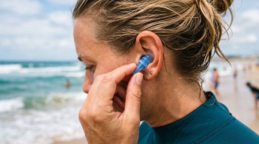 Person inserting a waterproof silicone earplug into their ear.