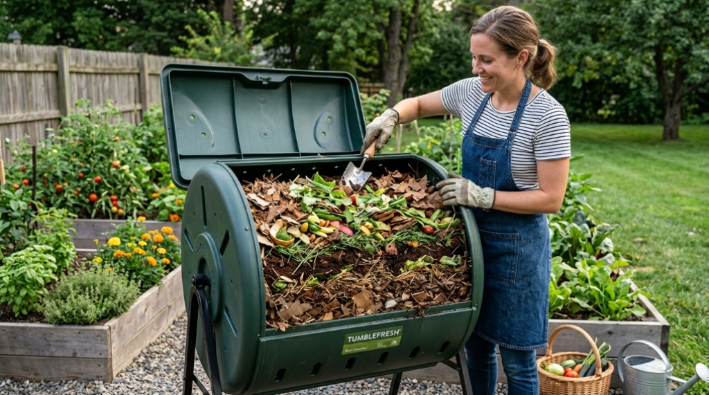 Backyard compost bin filled with layered brown and green organic waste.