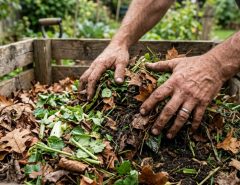 Hands squeezing damp dark compost to test pile moisture levels.