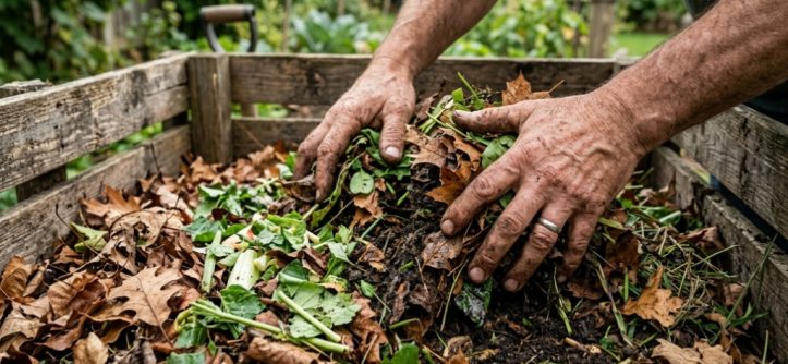 Hands squeezing damp dark compost to test pile moisture levels.