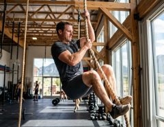 Athlete climbing a heavy-duty gymnastics rope inside a sunlit Colorado gym.