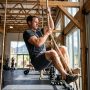 Athlete climbing a heavy-duty gymnastics rope inside a sunlit Colorado gym.