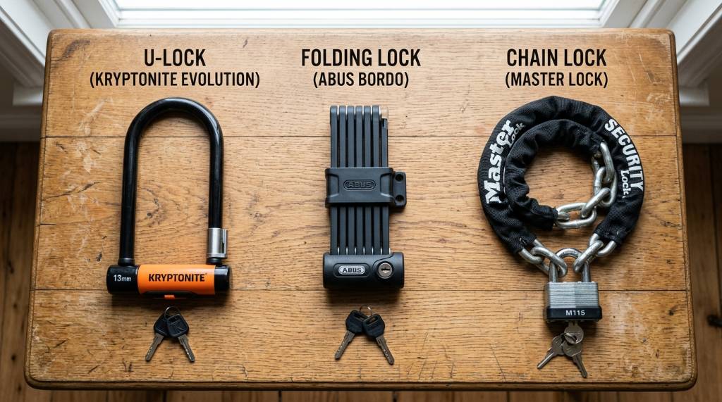 : A U-lock, folding lock, and chain lock displayed together.