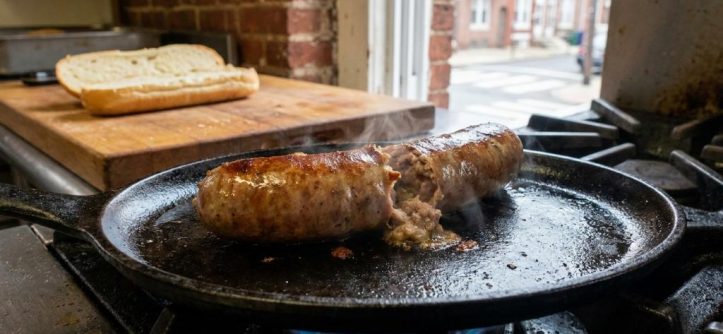 Whole golden Italian sausages cooking gently in skillet water